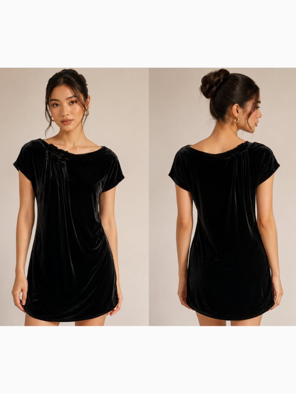 BCBGeneration Velour Ruched Pleated Neckline Mini Dress Womens XS Black Stretch